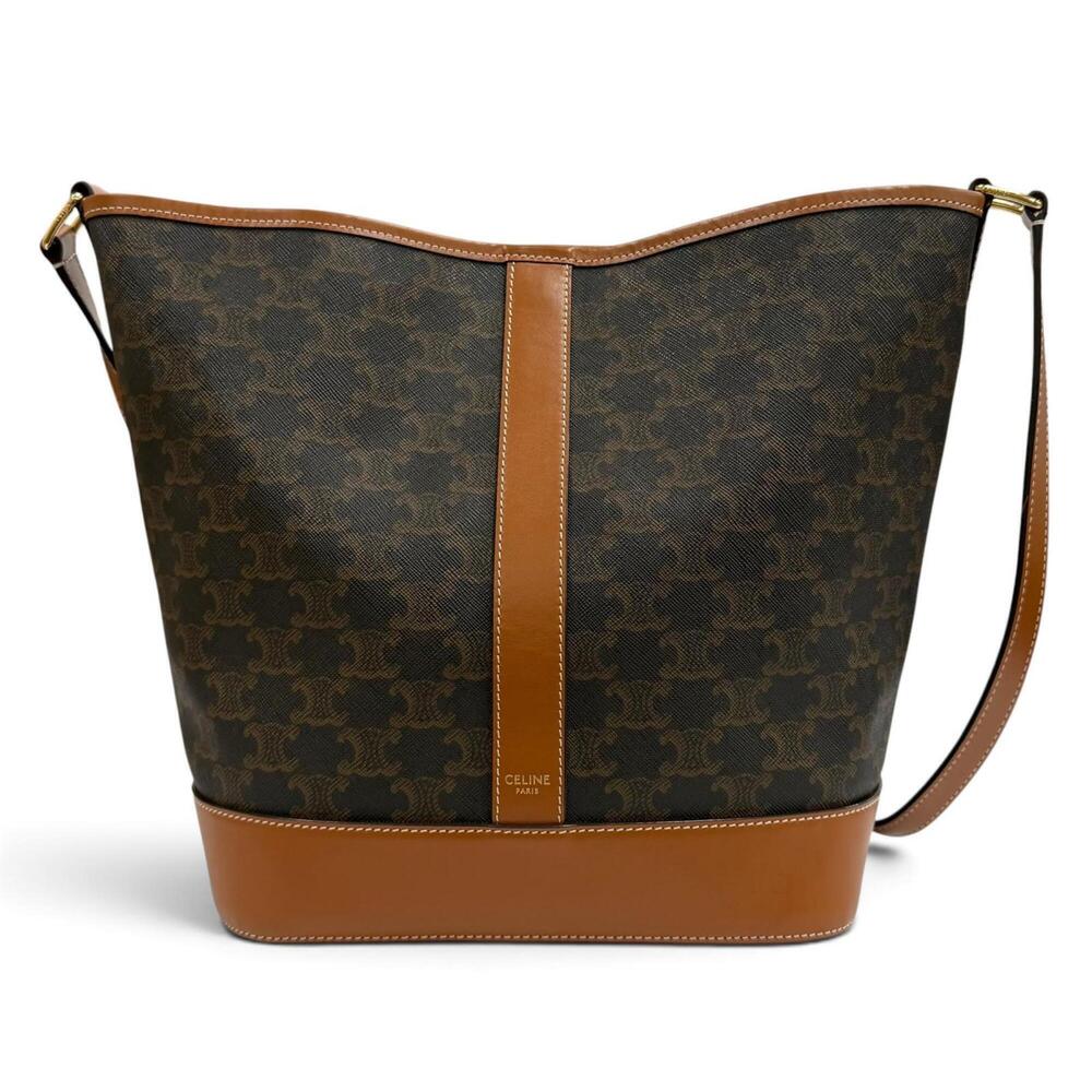CELINE 19113 Tan Brown Triomphe Medium Bucket Leather Shoulder Bag, Made in I...